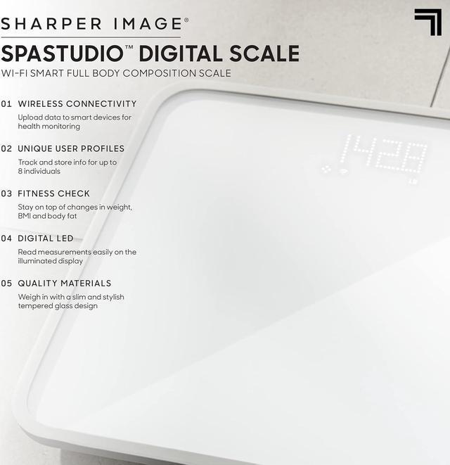 Sharper Image Digital Bathroom Scale, Tracks Weight, Body Fat & BMI, Bluetooth/Android & iOS App Compatible, White