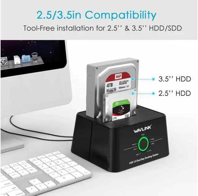 Alt view image 5 of 7 - Wavlink USB 3.0 To USB C SATA Dual Bay External Hard Drive Enclosure for 2.5" & 3.5" HDD with UASP (6Gbps) SSD Enclosure 12V 3A Power Adapter [Support 2x 8TB]  Duplicator/Clone and One Button Backup