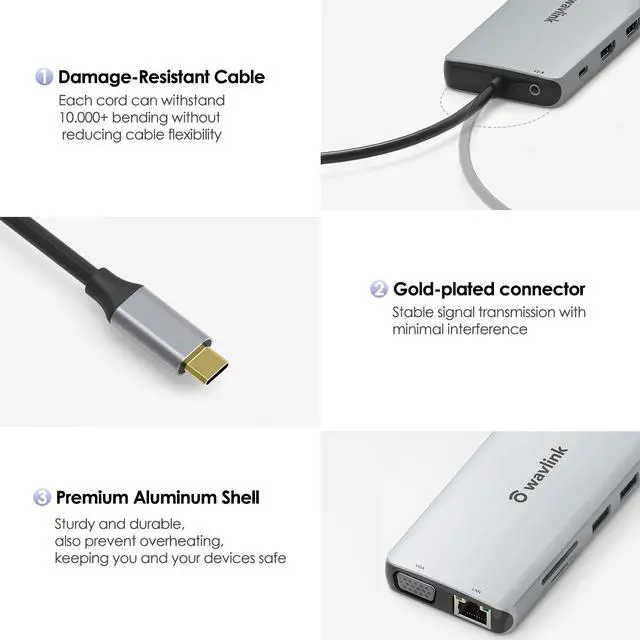 Alt view image 7 of 7 - Wavlink USB C Dock 11 Ports MST Hub 60W USB C Charger, USB C to HDMI/VGA Display, Dual Monitor 4K@30Hz HDMI, 2K@60Hz VGA, 2xUSB 3.0, USB 2.0, SD/TF Card Reader, Gigabit Ethernet, 3.5mm Phone Jack