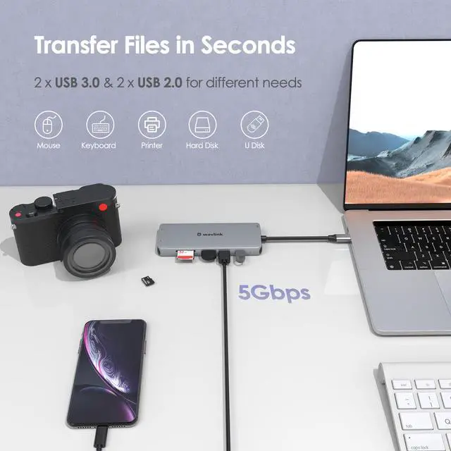 Alt view image 6 of 7 - Wavlink USB C Dock 11 Ports MST Hub 60W USB C Charger, USB C to HDMI/VGA Display, Dual Monitor 4K@30Hz HDMI, 2K@60Hz VGA, 2xUSB 3.0, USB 2.0, SD/TF Card Reader, Gigabit Ethernet, 3.5mm Phone Jack