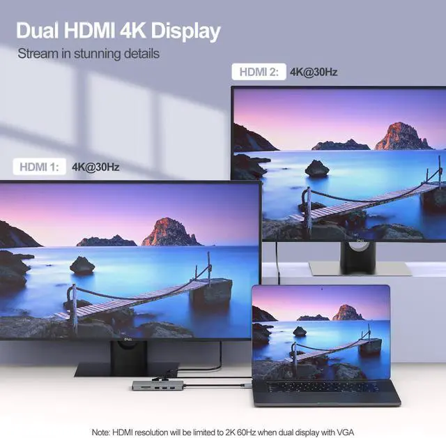 Alt view image 3 of 7 - Wavlink USB C Dock 11 Ports MST Hub 60W USB C Charger, USB C to HDMI/VGA Display, Dual Monitor 4K@30Hz HDMI, 2K@60Hz VGA, 2xUSB 3.0, USB 2.0, SD/TF Card Reader, Gigabit Ethernet, 3.5mm Phone Jack