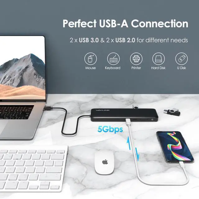 Alt view image 6 of 7 - Wavlink USB C Triple Display 4K 12 in 1 MST USB C Docking Station, Type C Systems (DP & HDMI &VGA, USB 3.0&2.0 Ports, SD TF Card Reader, Gigabit Ethernet, Audio For for MacBook Pro & Windows