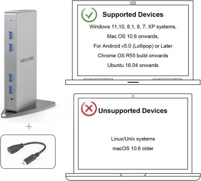 Alt view image 7 of 7 - Wavlink USB 3.0 Universal Docking Station, Vertical Aluminum Laptop Docking Station, Dual Monitor Display USB3.0 Dock For HDMI/DVI/VGA, Gigabit Ethernet, 6 USB 3.0 Ports, Audio, For Windows & Mac
