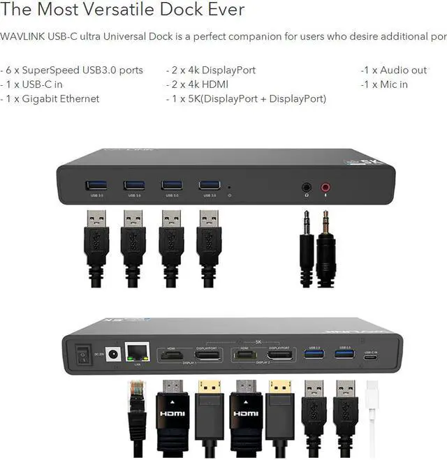 Alt view image 2 of 7 - Universal 5K USB Laptop Docking Station,For Both USB C/A, USB 3.0 4K@60Hz Dual Video Docking Station 2 X HDMI, 2 x DisplayPort, Gigabit Ethernet, 6 x USB 3.0, Audio, Mic, For Windows & Mac