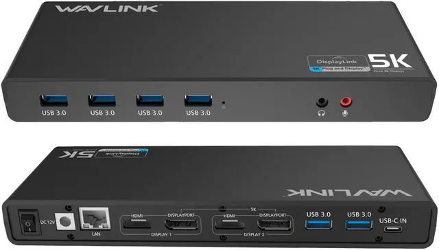 Main image of Universal 5K USB Laptop Docking Station,For Both USB C/A, USB 3.0 4K@60Hz Dual Video Docking Station 2 X HDMI, 2 x DisplayPort, Gigabit Ethernet, 6 x USB 3.0, Audio, Mic, For Windows & Mac