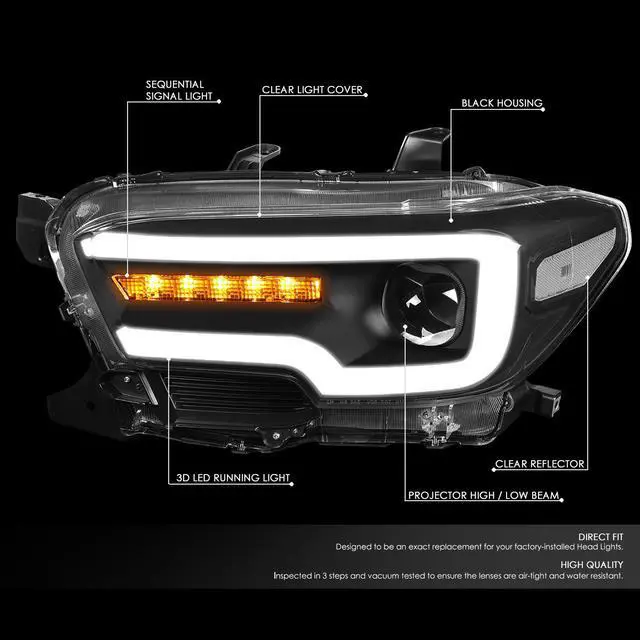 Alt view image 2 of 7 - DNA Motoring HL-HPL-TTAM16-BK-CL1 For 2016 to 2017 Toyota Tacoma Black Housing Clear Side 3D LED DRL Sequential Projector Headlight Head Lamps 17 18 19