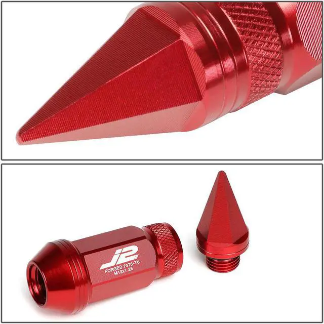 Alt view image 4 of 7 - J2 Engineering LN-T7-022-125-RD J2 Engineering 7075 -T6 Forged Aluminum M12 x 1.25 20Pcs 80mm Spiked Cap Lug Nut w/ Socket Adapter ( Red )