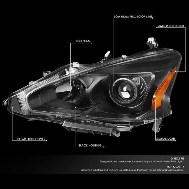 Alt view image 2 of 7 - DNA Motoring HL-OH-NA13-BK-AM For 2013 to 2015 Nissan Altima Pair Black Housing Amber Side Projector Headlight Headlamps 14 Left + Right
