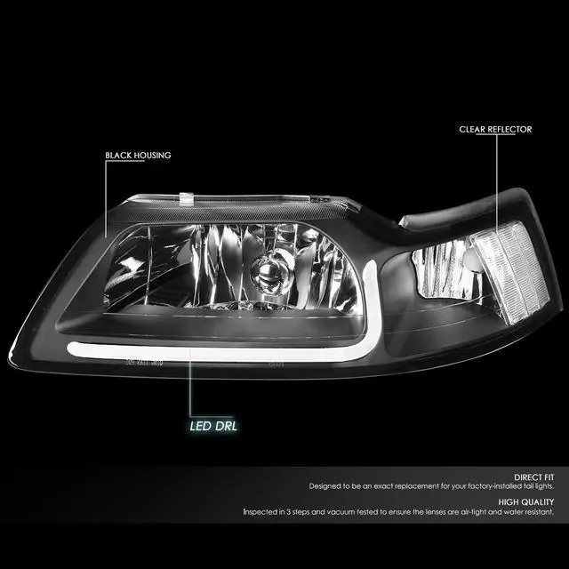 Alt view image 2 of 7 - DNA Motoring HL-LB-FM99-BK-CL1 For 1999 to 2004 Ford Mustang LED Daytime Running Light Bar Headlight Black Housing Clear Corner Headlamp 00 01 02 03 Left + Right