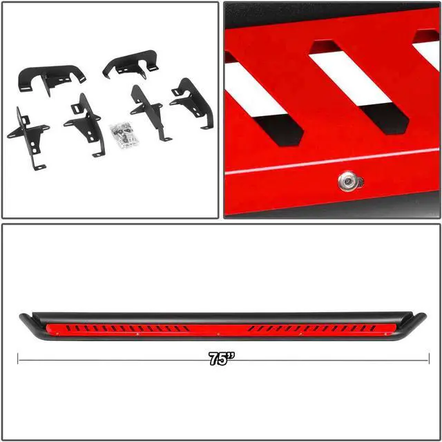 Alt view image 5 of 6 - For 2018 to 2021 Jeep Wrangler JL Unlimited 4-Door Pair of Oval Side Step Nerf Bar Running Boards with Red Dropped Step Plate 19