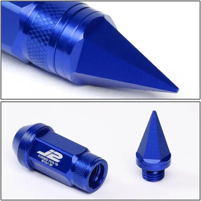 Alt view image 5 of 7 - J2 Engineering LN-T7-022-15-BL J2 Engineering 7075 -T6 Forged Aluminum M12X1.5 20Pcs 80mm Height Spiky Cap Lug Nut Set w/Adapter Key (Blue)
