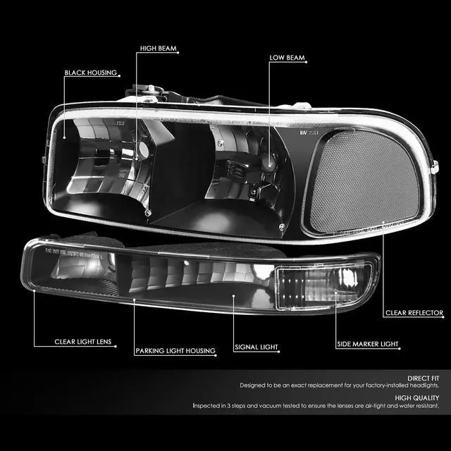 Alt view image 8 of 13 - DNA Motoring HL-OH-SIE994P-BK-CL1 For 99-07 GMC Sierra/Yukon GMT800 Black Housing Headlight+Clear Corner Bumper Light 00 01 02 03 04 05 06