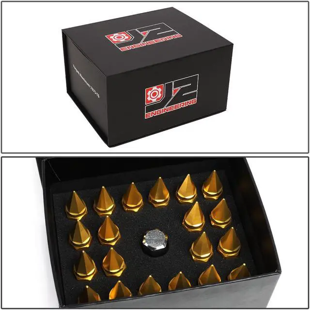 Alt view image 7 of 7 - J2 Engineering LN-T7-020-15-GD J2 Engineering 7075 -T6 Forged Aluminum M12 x 1.5 20Pcs 75mm Spiky Cap Lug Nut w/ Adapter Gold
