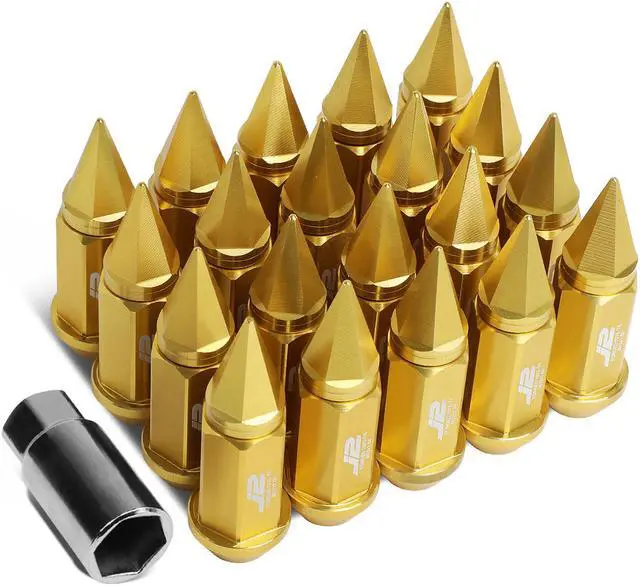 Main image of J2 Engineering LN-T7-020-15-GD J2 Engineering 7075 -T6 Forged Aluminum M12 x 1.5 20Pcs 75mm Spiky Cap Lug Nut w/ Adapter Gold