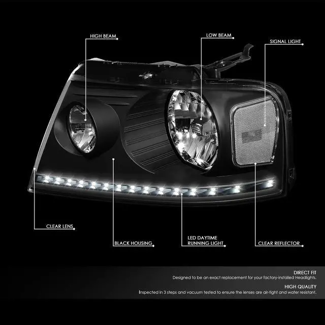 Alt view image 2 of 7 - DNA Motoring HL-LED-F15004-BK-CL1 For 2004 to 2008 Ford F-150 Lincoln Mark LT LED DRL Black Housing Clear Corner Halogen Headlight Replacement 05 06 07