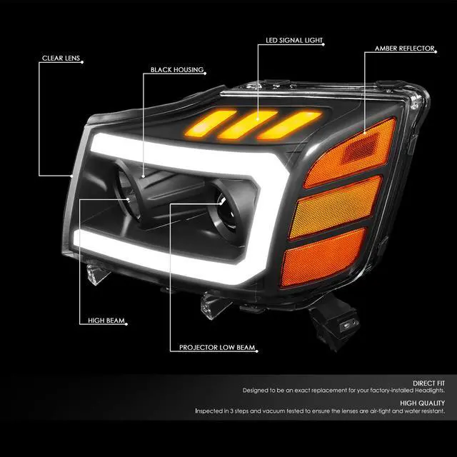 Alt view image 2 of 7 - DNA Motoring HL-HPL-NARN04-BK-AM For 2004 to 2015 Nissan Titan Armada 3D DRL Projector Headlights with LED Turn Signal Black/Amber 05 06 07 08 09 10 11 12 13 14