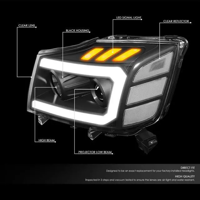 Alt view image 2 of 7 - DNA Motoring HL-HPL-NARN04-BK-CL1 For 2004 to 2015 Nissan Titan Armada 3D DRL Projector Headlights with LED Turn Signal Black/Clear 05 06 07 08 09 10 11 12 13 14