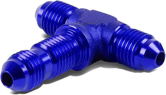 Main image of DNA Motoring FT-1-9010-03-BL 3AN AN-3 3/16"MALE ON RUN FEMALE BULKHEAD FLARE BLUE FINISH TEE FITTING FUEL/OIL
