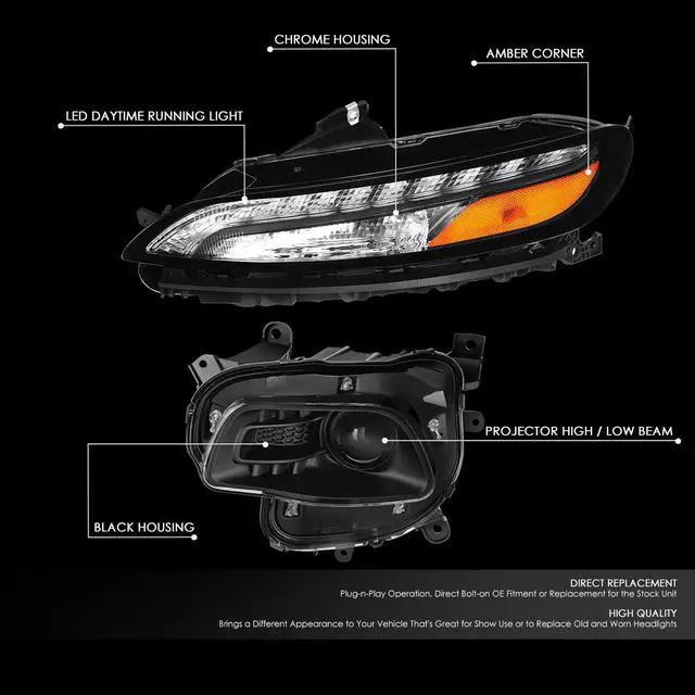 Alt view image 2 of 7 - For 2014 to 2018 Jeep Cherokee 4Pcs Factory Style Halogen Projector Headlights and LED DRL Signal Lamps Black/Amber 15 16 17