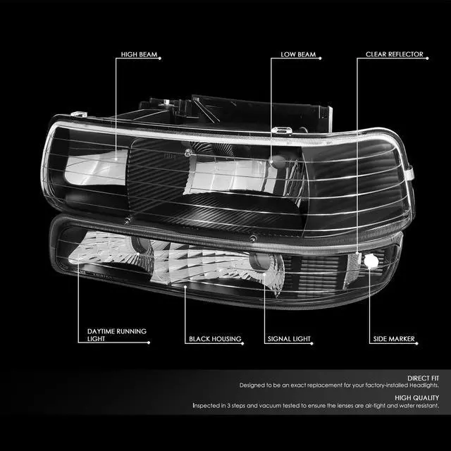 Alt view image 2 of 7 - DNA Motoring HL-OH-CS99-4P-BK-CL1 For 1999 to 2006 Chevy Silverado Tahoe 4Pcs Headlight + Bumper Lamps Black Housing - GMT800 00 01 02 03 04 05 Left + Right