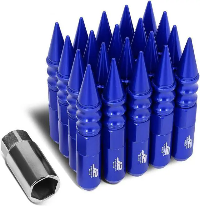 Main image of J2 Engineering LN-T7-015-15-BL J2 Engineering 7075 -T6 Forged Aluminum M12 x 1.5 20Pcs 123mm Spiky Cap Lug Nut w/ Adapter Blue