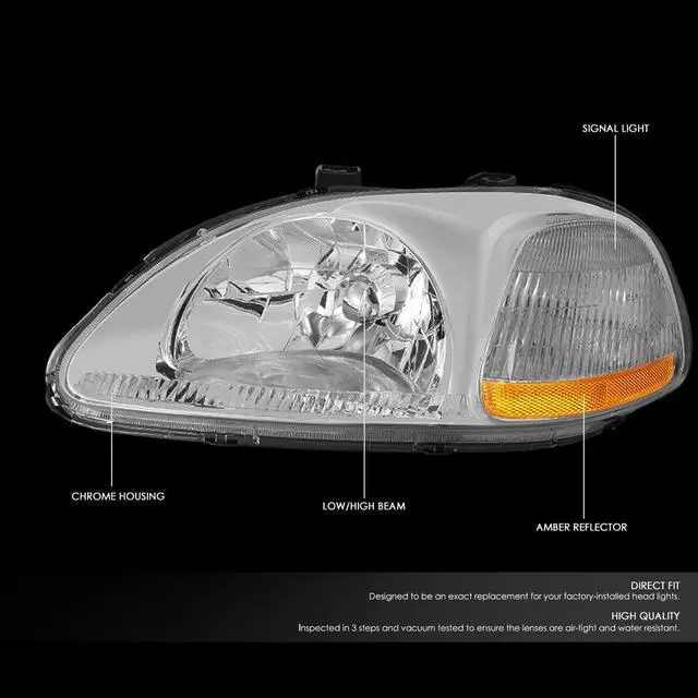 Alt view image 2 of 8 - DNA Motoring HL-OH-HC96-CH-AM For 1996 to 1998 Honda Civic OE Style Headlight Chrome Housing Amber Corner Headlamps EJ EM EK 97 Left + Right