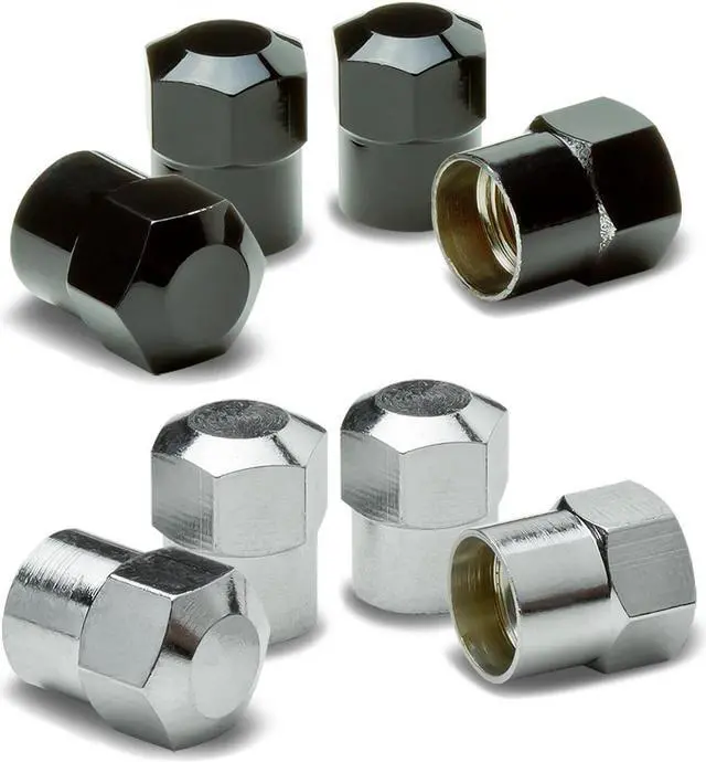 Main image of DNA Motoring VCAP-RT-166-BK Hexagon Brass Alloy Coated & Polished Black Chrome Tire Valve Stem Caps (Pack of 4)