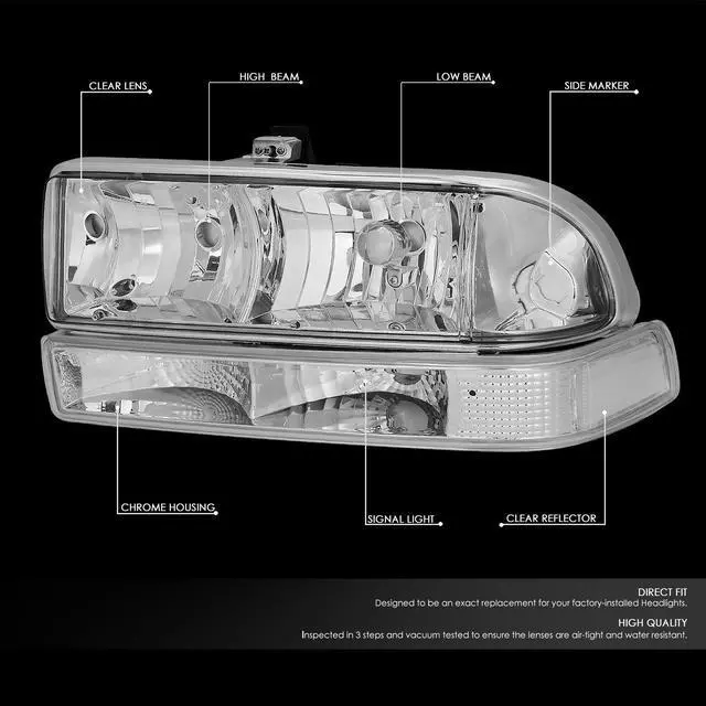 Alt view image 4 of 9 - DNA Motoring HL-OH-S10984P-CH-CL1 For 1998 to 2004 Chevy S10/Blazer GMT 325/330 Chrome Housing Headlight+Clear Corner Lamps 99 00 01 02 03 Left + Right