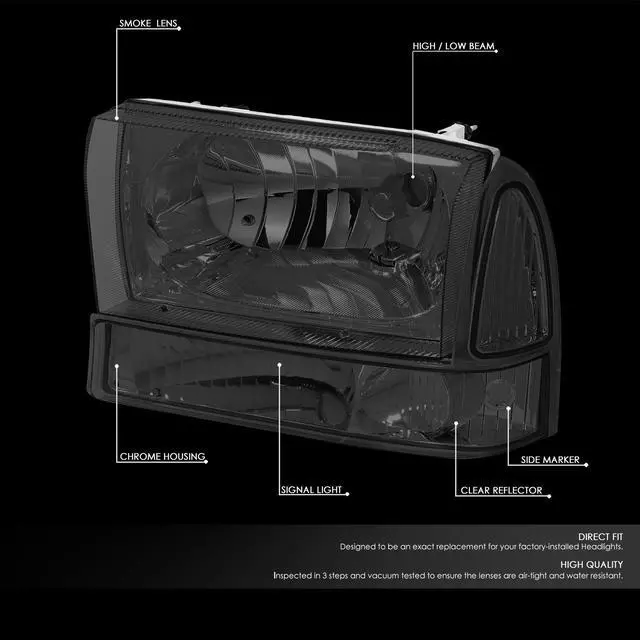Alt view image 4 of 4 - DNA Motoring HL-OH-F99SD4P-SM-CL1 For 2000 to 2004 Ford F250 F350 F450 F550 Super Duty Excusion 4pcs Headlight+Bumper Lamp Kit Smoked Housing Clear Side 01 02 03