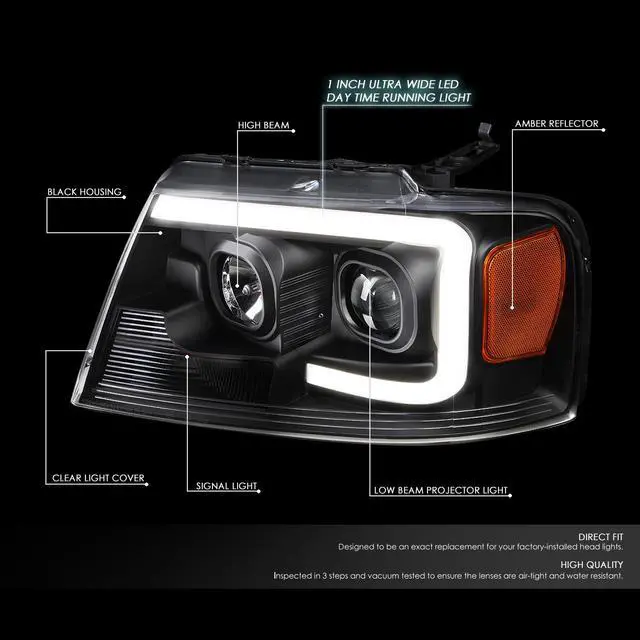 Alt view image 2 of 7 - DNA Motoring HL-3D-G2-F1504-BK-AM For 2004 to 2008 Ford F150 Lincoln Mark LT LED DRL Light Bar Projector Headlight Black Housing Amber Corner Headlamp 05 06 07 05 06 07