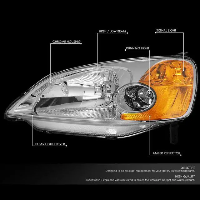 Alt view image 2 of 7 - DNA Motoring HL-OH-HC01-CH-AM For 2001 to 2003 Honda Civic OE Style Headlight Chrome Housing Amber Corner Headlamp EM ES 02 Left + Right