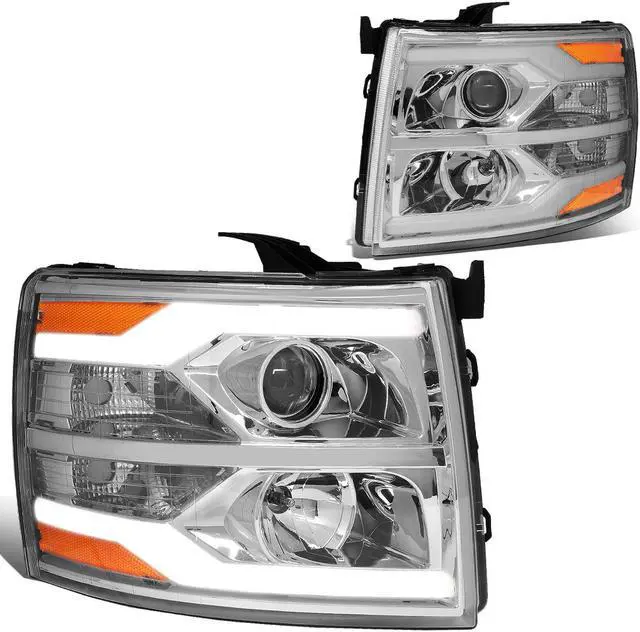 Main image of DNA Motoring HL-HPL-CSIL07-G2-CH-AM For 2007 to 2014 Chevy Silverado Dual LED DRL Strip Projector Headlight Chrome Housing Amber Side Headlamp 08 09 10 11 12 13 1500 2500 3500