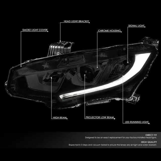Alt view image 2 of 7 - DNA Motoring HL-OH-HC16-SM-CL1 For 2016 to 2018 Honda Civic Pair Smoked Housing LED DRL Projector Headlight Headlamps 17 Left + Right