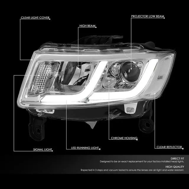 Alt view image 2 of 7 - DNA Motoring HL-HPL-JGC14-CH-CL1 For 2014 to 2016 Jeep Grand Cherokee LED DRL Projector Headlight Chrome Housing Clear Corner Headlamp 12 Left + Right