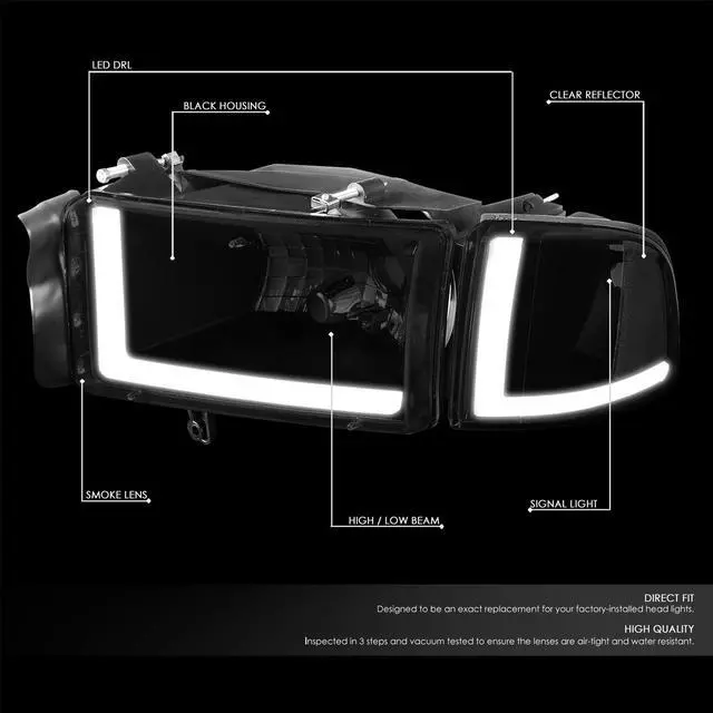 Alt view image 2 of 8 - DNA Motoring HL-LB2-DR944-BK-SM-CL1 For 1994 to 2002 Dodge Ram 1500 2500 3500 LED DRL Headlight Smoked Housing Clear Corner Headlamp 95 96 97 98 99 00 01 Left + Right