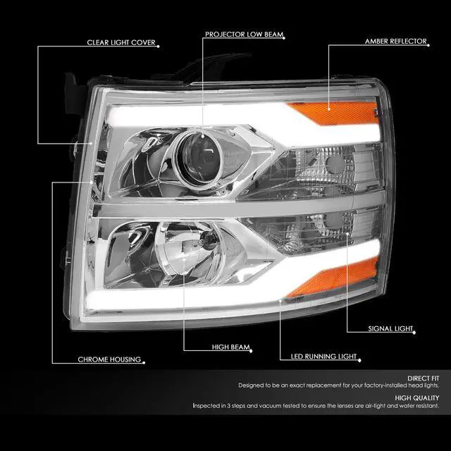 Alt view image 2 of 7 - DNA Motoring HL-HPL-CSIL07-G2-CH-AM For 2007 to 2014 Chevy Silverado Dual LED DRL Strip Projector Headlight Chrome Housing Amber Side Headlamp 08 09 10 11 12 13 1500 2500 3500