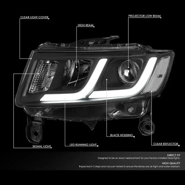 Alt view image 2 of 7 - DNA Motoring HL-HPL-JGC14-BK-CL1 For 2014 to 2016 Jeep Grand Cherokee LED DRL Projector Headlight Black Housing Clear Corner Headlamp 12 Left + Right