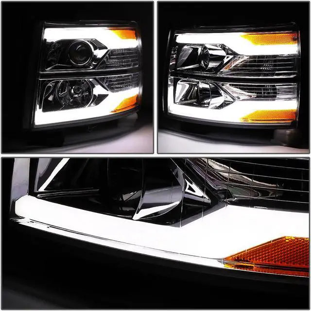 Alt view image 3 of 7 - DNA Motoring HL-HPL-CSIL07-G2-CH-AM For 2007 to 2014 Chevy Silverado Dual LED DRL Strip Projector Headlight Chrome Housing Amber Side Headlamp 08 09 10 11 12 13 1500 2500 3500