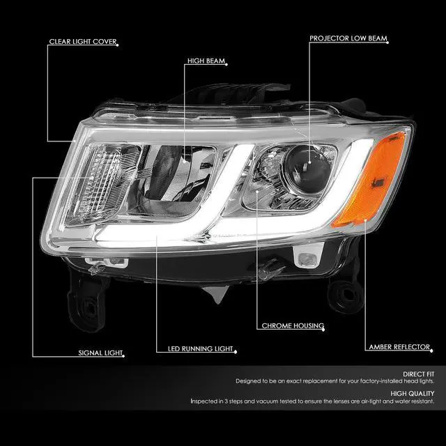 Alt view image 2 of 7 - DNA Motoring HL-HPL-JGC14-CH-AM For 2014 to 2016 Jeep Grand Cherokee LED DRL Projector Headlight Chrome Housing Amber Corner Headlamp 12 Left + Right