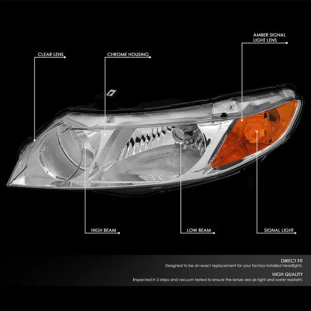 Alt view image 2 of 5 - DNA Motoring HL-OH-HC064D-CH-AM For 2006 to 2011 Honda Civic 4-Dr Sedan Pair Chrome Housing Amber Corner Headlight Headlamps 07 08 09 10 Left + Right