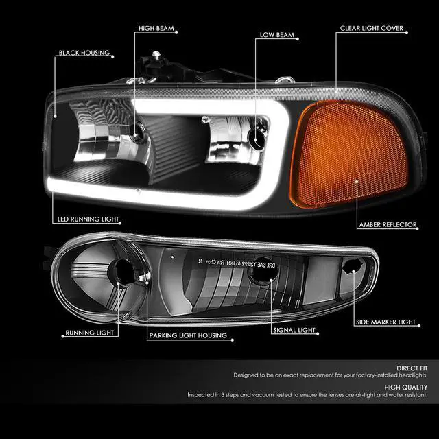 Alt view image 2 of 7 - DNA Motoring HL-LB2-DAN99-BK-AM For 2000 to 2006 GMC Yukon XL Sierra Denali Model 3D LED DRL Headlight+Turn Signal Bumper Lamps Black Housing Amber Corner 01 02 03 04 05