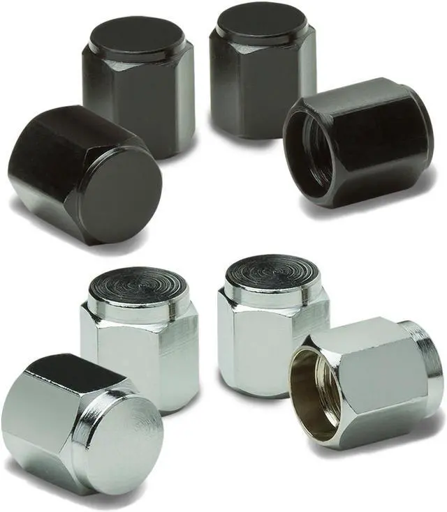 Main image of DNA Motoring VCAP-RT-161-BK Hexagon Style Anodized & Polished Aluminum Black Chrome Tire Valve Stem Caps (Pack of 4)