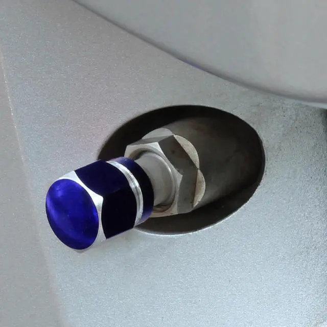 Alt view image 2 of 2 - DNA Motoring VCAP-RT-181-BL Hexagon Anodized & Powder-Coated Finish Royal Blue Chrome Aluminum Tire Stem Valve Caps (Pack of 4)