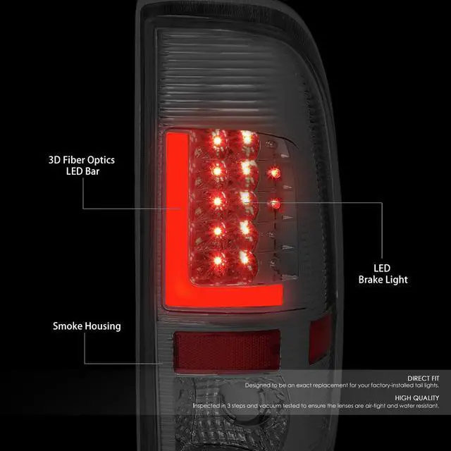 Alt view image 2 of 7 - DNA Motoring TL-F15097-LED-RD3D-CH-SM For 1997 to 2007 Ford F150 / Super Duty Styleside Pair of Red 3D LED Bar Tail Brake Lights (Chrome Housing Smoked Lens)