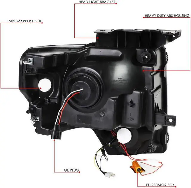 Alt view image 6 of 7 - DNA Motoring HL-LB-T8-F15009-BK-AM For 2009 to 2014 Ford F-150 Pair Black Housing Amber Corner LED DRL Tube Quad Projector Halo Headlight Lamps 10 11 12 13