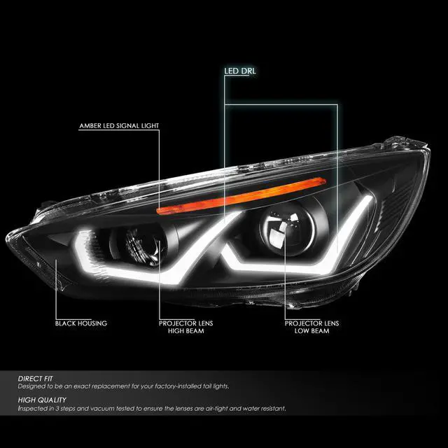 Alt view image 2 of 7 - DNA Motoring HL-HPL-LED-FF16-BK-AM For 2015 to 2018 Focus Dual HALO LED DRL Light Bar+Turn Signal Projector Headlight Black Housing Amber Corner Headlamp 16