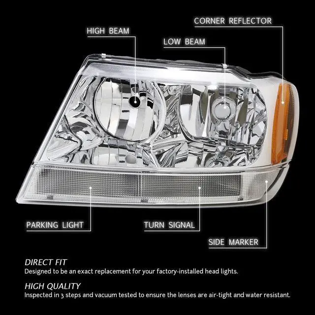 Alt view image 7 of 10 - DNA Motoring HL-OH-JGC99-CH-AM For 1999 to 2004 Jeep Grand Cherokee Chrome Housing Amber Corner Headlight Headlamps WJ 00 01 02 03 Left + Right