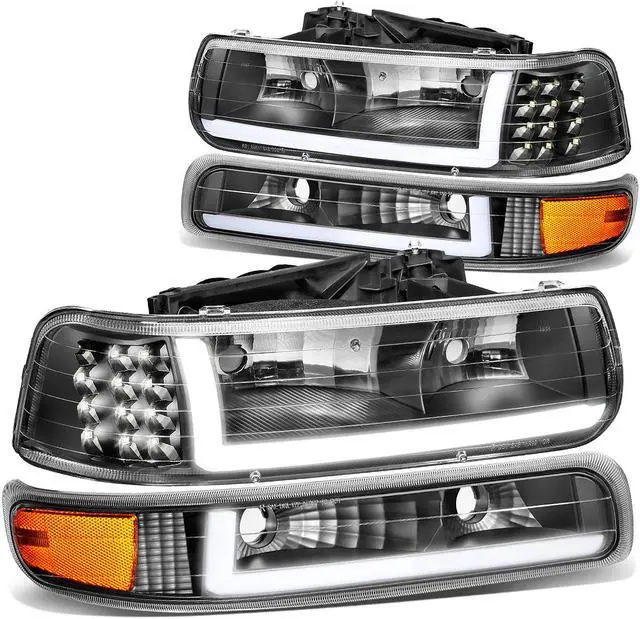 Main image of DNA Motoring HL-LB-CSIL99-BK-AM For 1999 to 2002 Chevy Silverado 2000 to 2006 Suburban 1500 2500 Tahoe LED DRL Headlight Bumper Signal Lamps Black/Amber 01 03 04 05