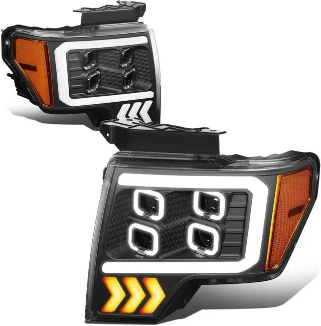 Main image of DNA Motoring HL-LB-T8-F15009-BK-AM For 2009 to 2014 Ford F-150 Pair Black Housing Amber Corner LED DRL Tube Quad Projector Halo Headlight Lamps 10 11 12 13