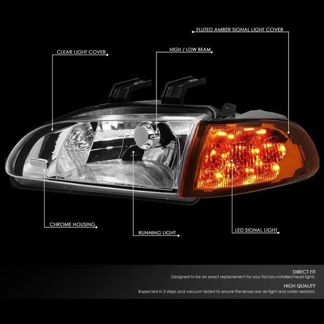 Alt view image 2 of 7 - DNA Motoring HL-LED-HC922D-CH-CL1 For 1992 to 1995 Honda Civic Coupe Hatchback Pair Chrome Housing LED Turn Signal Headlight Corner Lamps